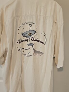 Tommy Bahama Cream Short-Sleeve Button-Up with Blue and Brown Cocktail Graphic